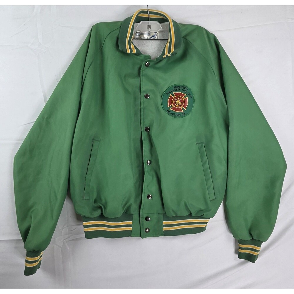 Vintage Satin Nylon Bomber Varsity Jacket Men Large Green Yellow Made in USA